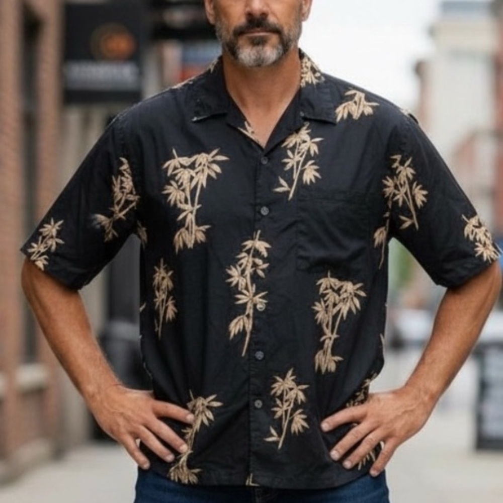 Luau Silk Black Tan Palm‎ Tree  Hawaiian Tropical Shirt size Medium